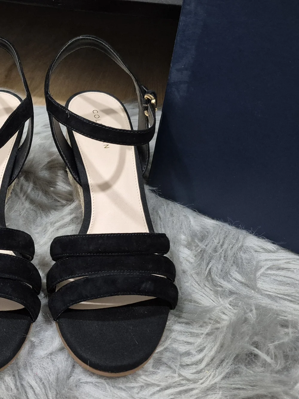COLE HAAN Women's Black Suede Strap Espadrille Wedge Sandals Size 7.5B